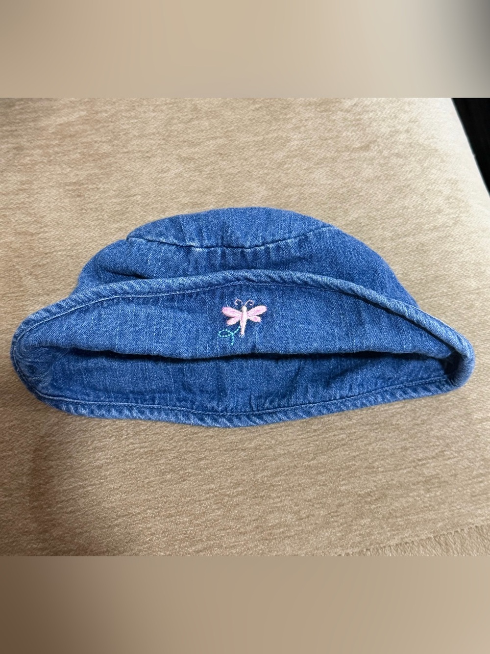 Vintage 100% cotton Denim baby  Bucket Hat with Pink Dragonfly Embroidery